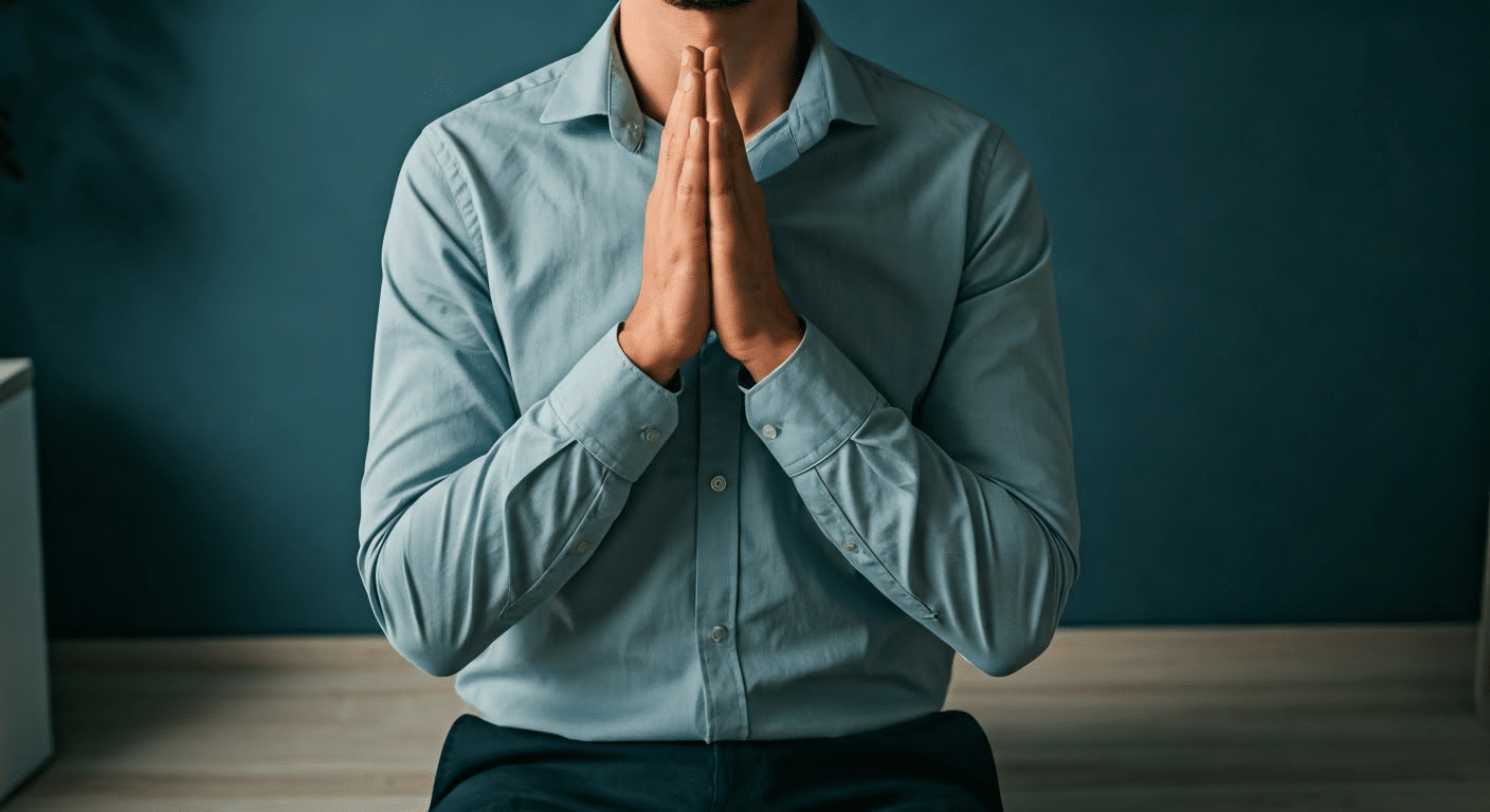 A close-up of a meditation guidebook on a bedside table in dim lighting.