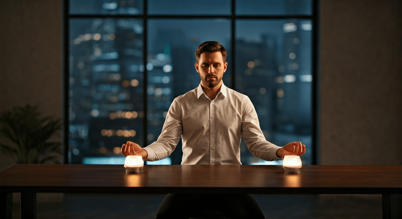 A diverse group meditating on an urban rooftop at sunset