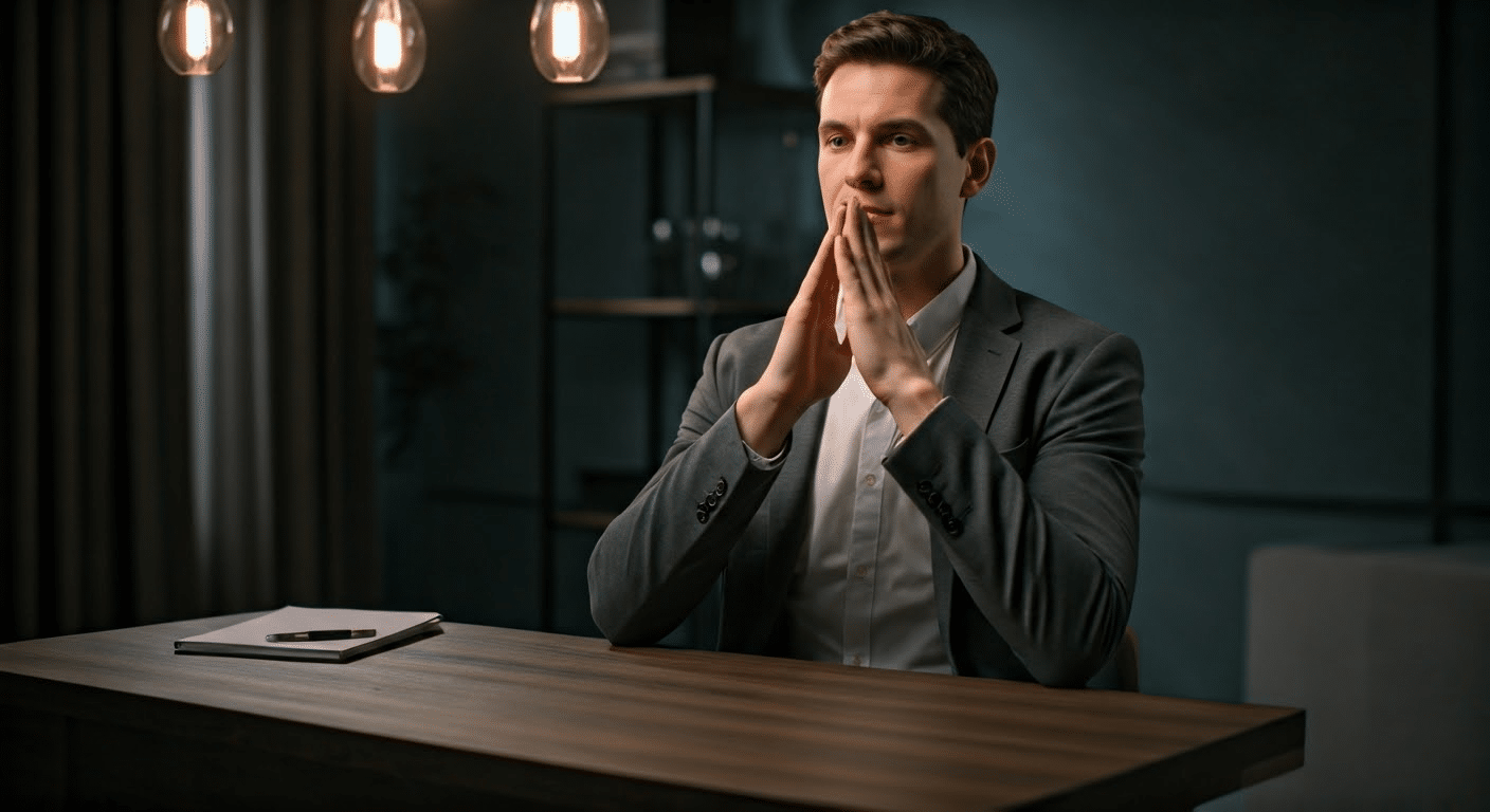 A man attentively listening to a guided meditation audio in a cozy living room
