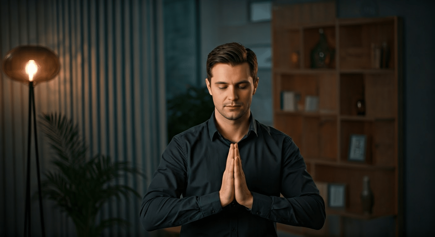 A man starting his meditation session in a stylish home studio