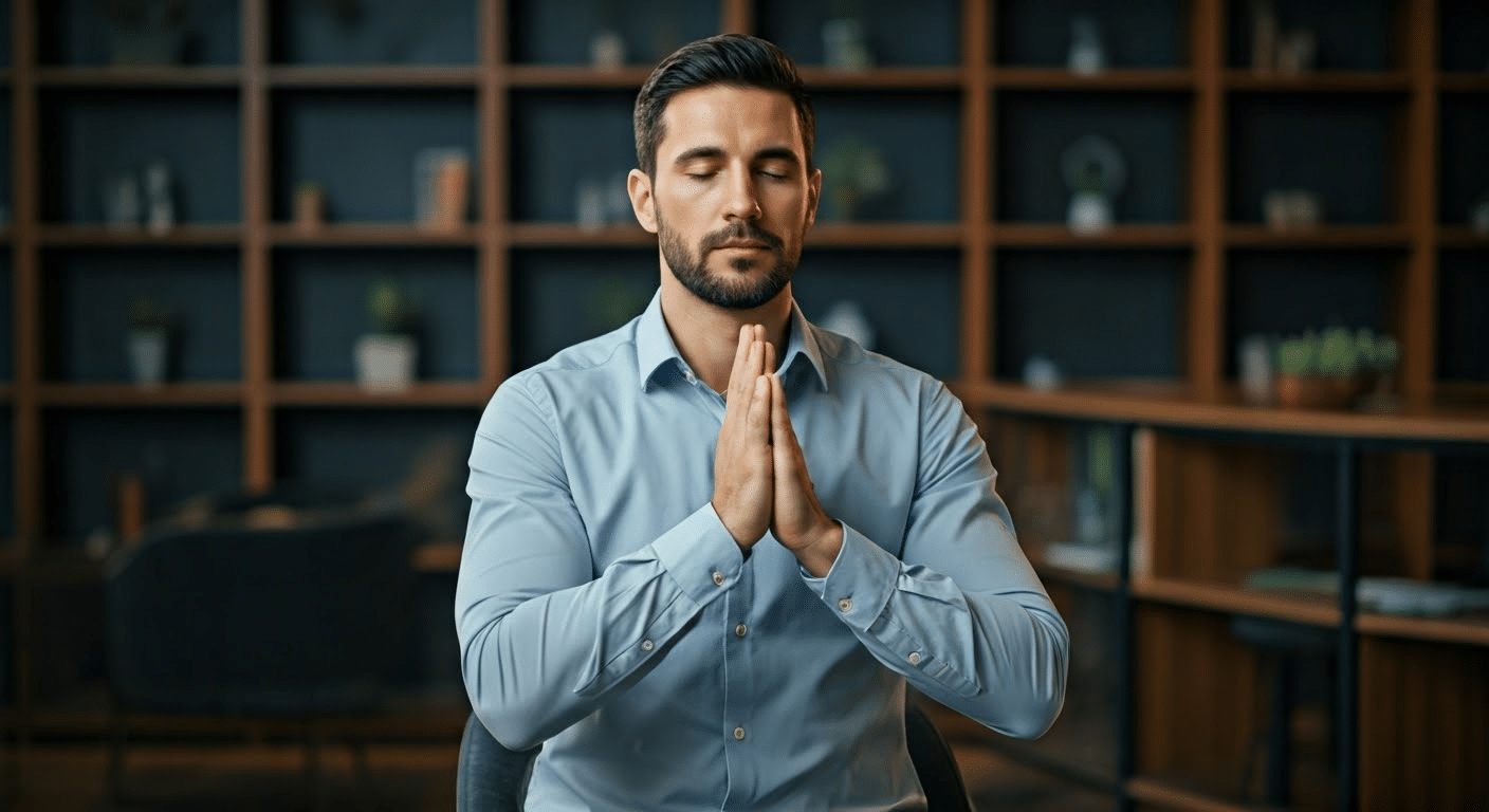 A man using a meditation app in a comfortable living room setting.