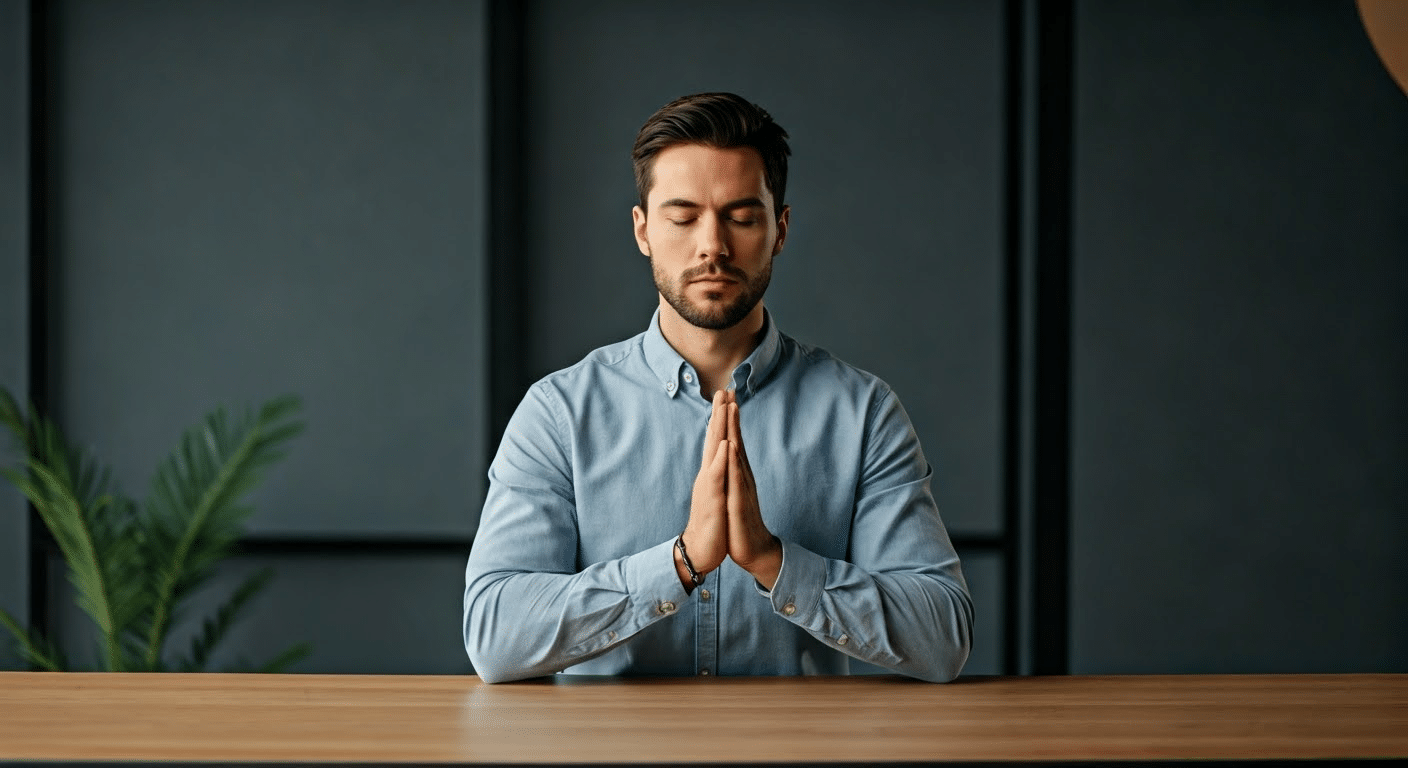A man using a smartphone app for guided mindfulness meditation in his living room