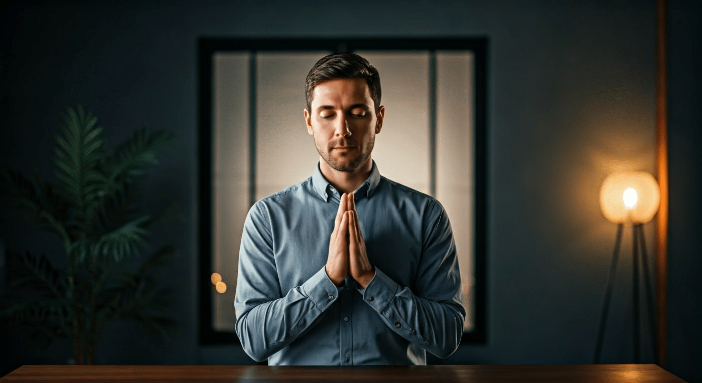 A man visualizing quantum jumping meditation in a stylish modern living room