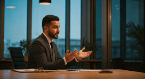 Professional explaining Arabic to English translation in modern office