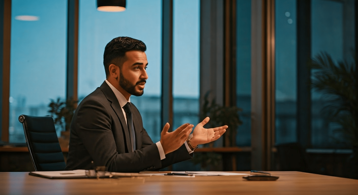 Professional explaining Arabic to English translation in modern office