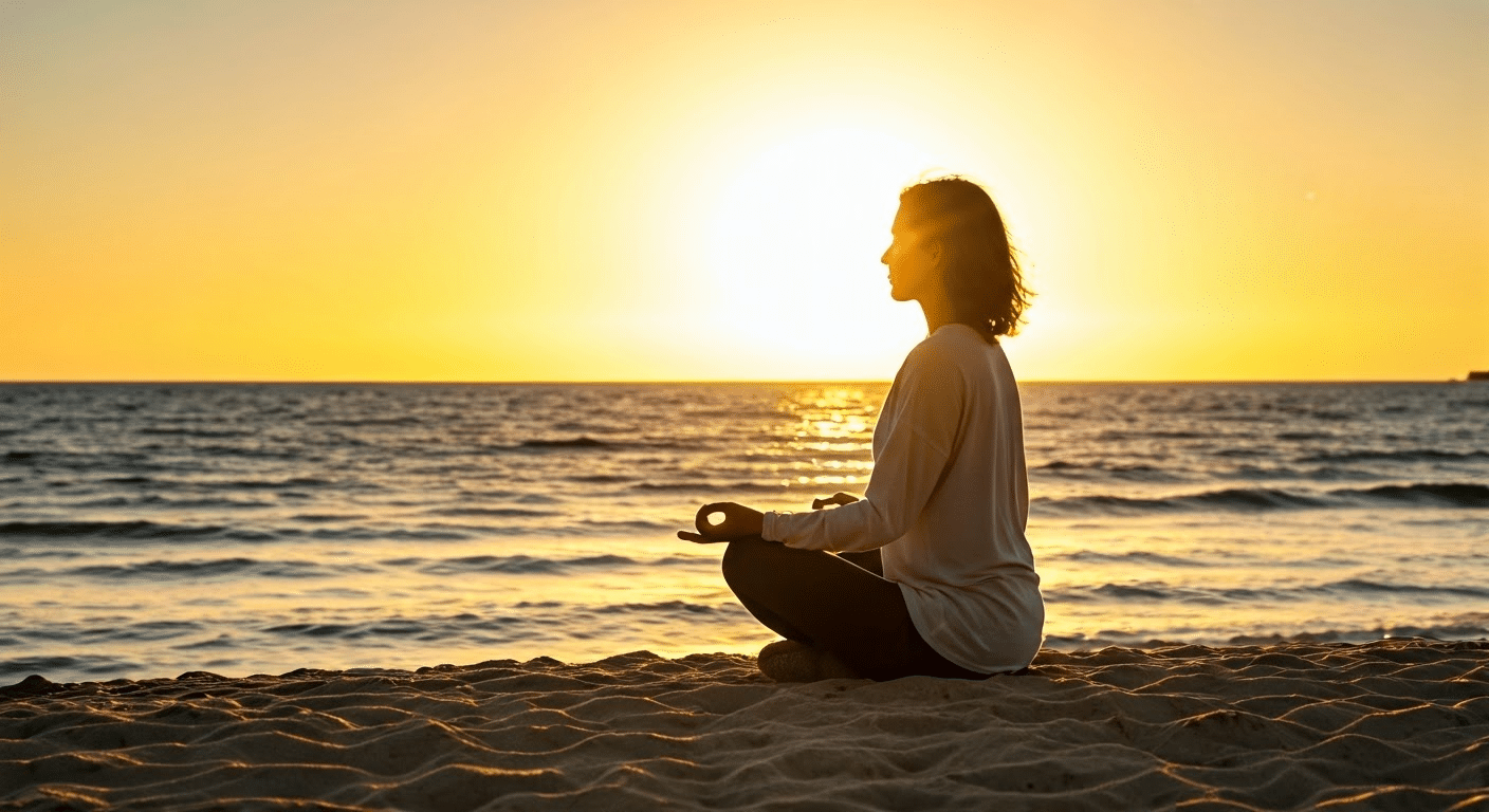 Best Time For Meditation - A woman meditating on the beach during sunrise, capturing the tranquility of morning meditation.