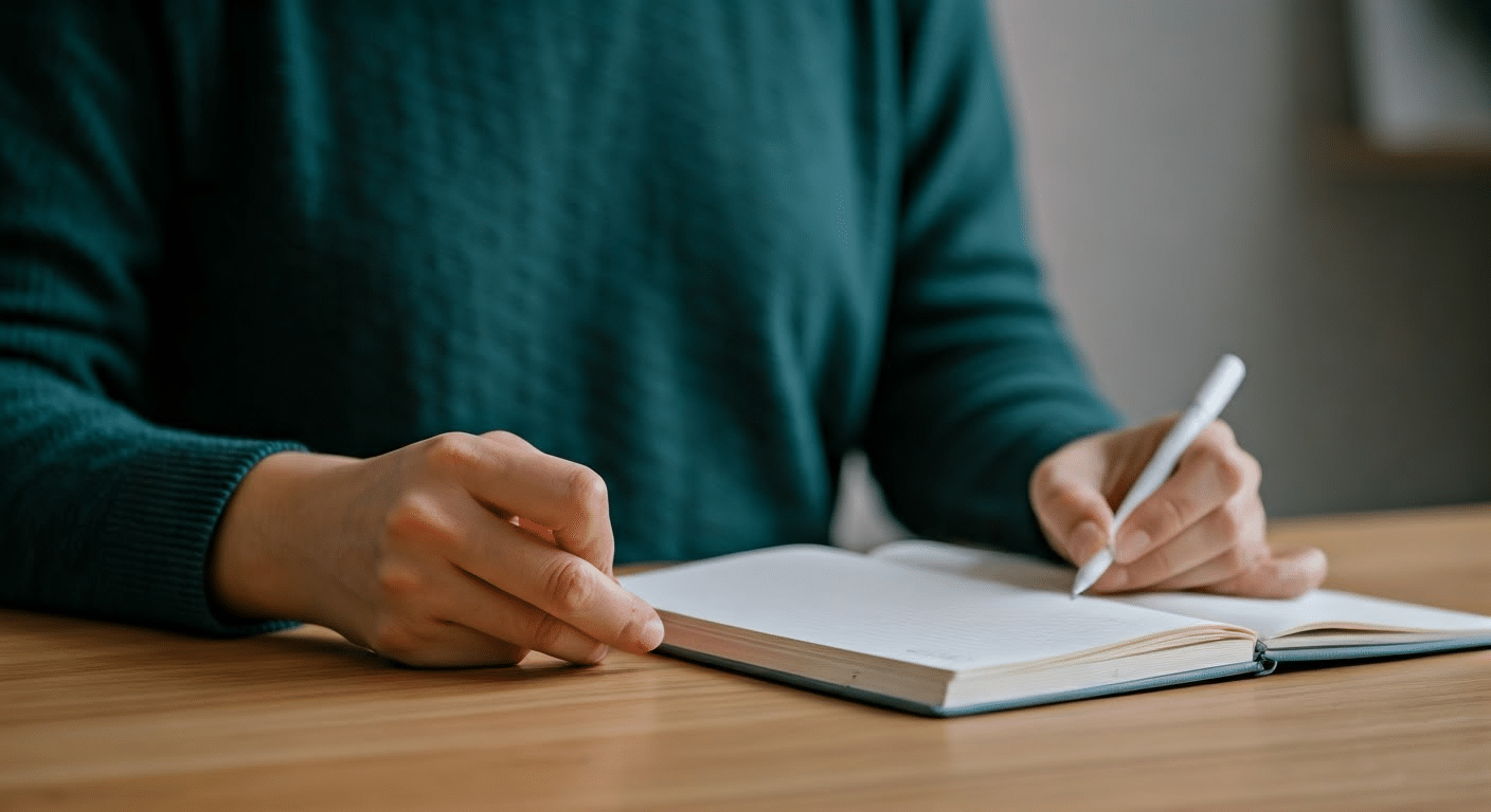 Close-up of a hand writing in a meditation journal by candlelight.
