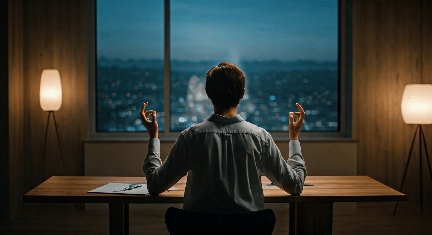 Close-up of closed eyes visualizing a peaceful ocean scene in soft ambient light.
