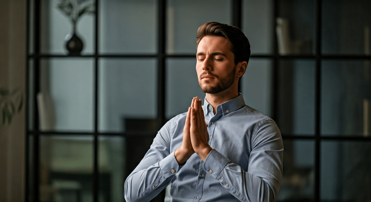 Close-up of hands in a meditation mudra, symbolizing mindfulness and relaxation