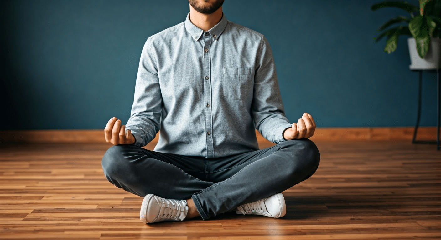 Close-up of legs in meditation position with sunlight highlighting posture