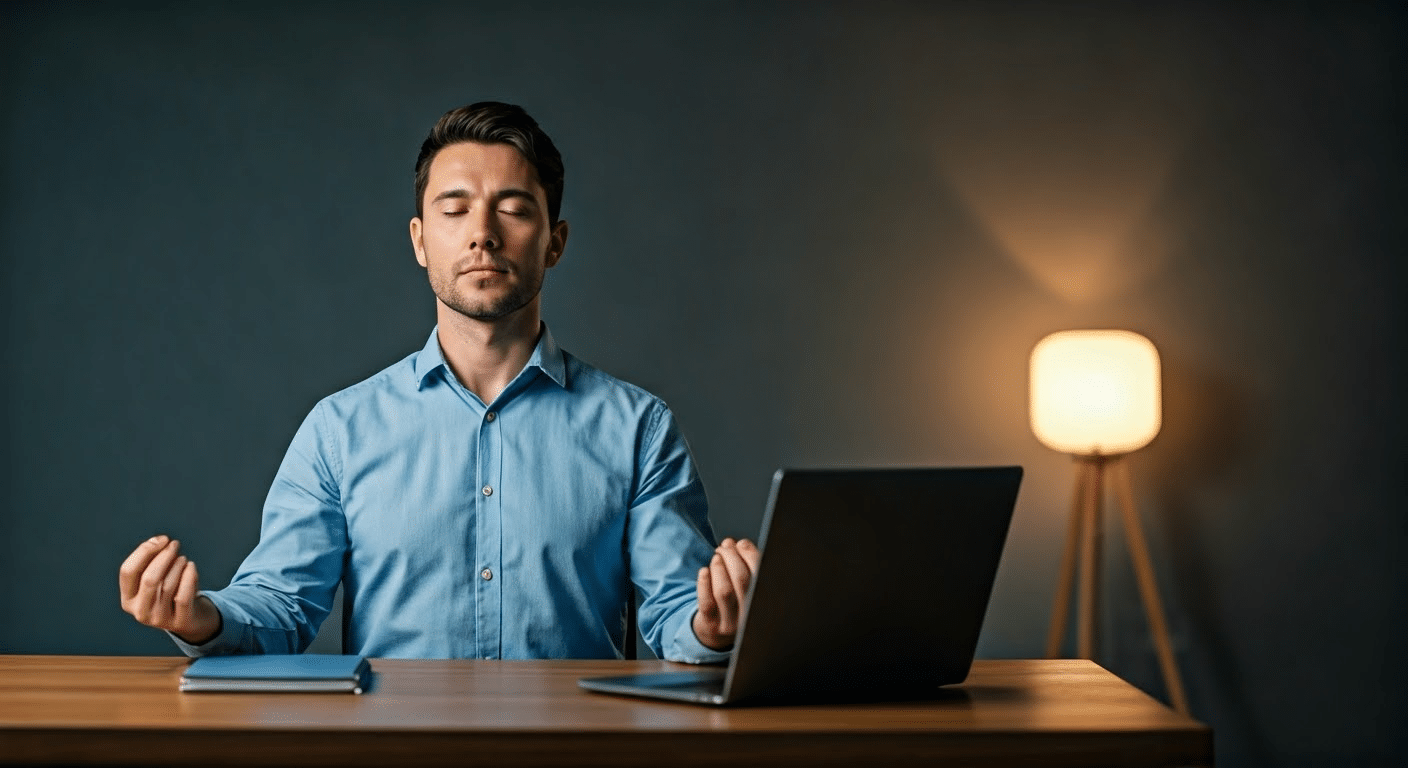 Close-up of mindfulness app on phone at workplace