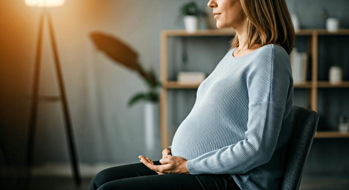 Close-up of pregnant woman with headphones listening to meditation