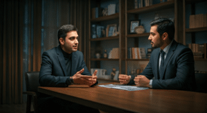 English To Arabic - Professional discussing translation in modern office setting