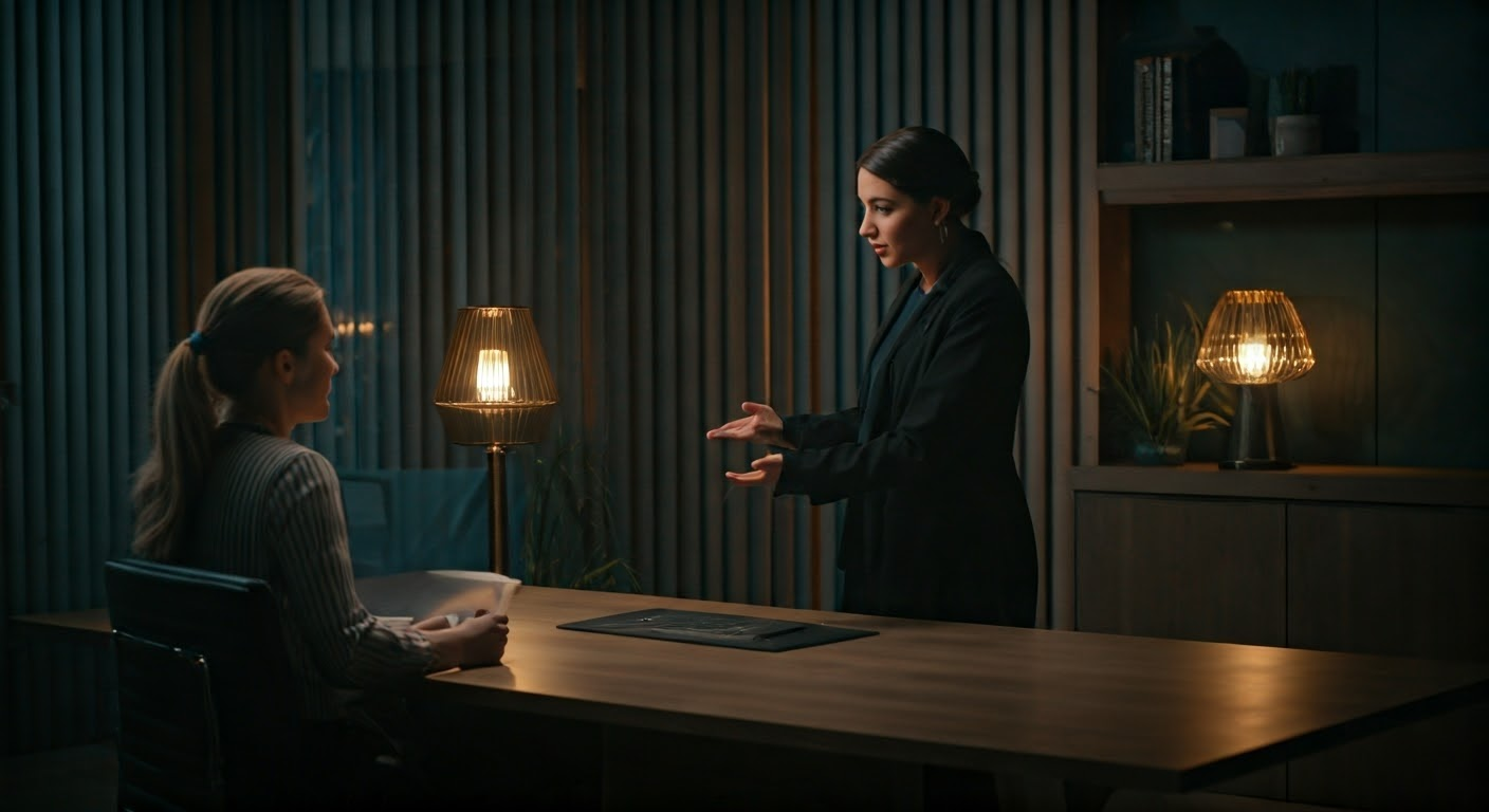 Professional explaining English to Greek in office