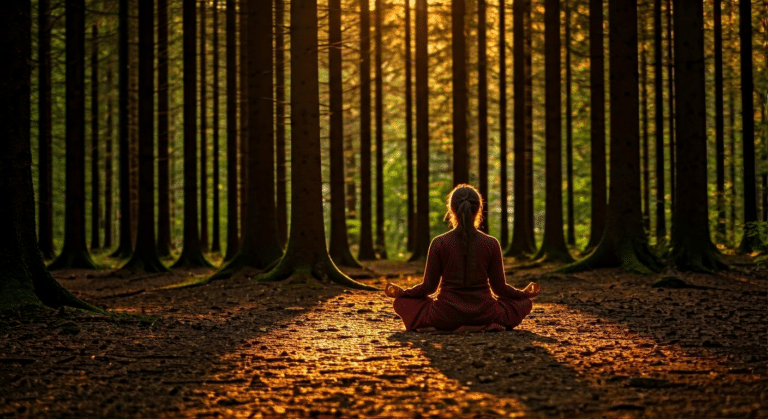Person practicing jhana meditation in a peaceful forest during golden hour
