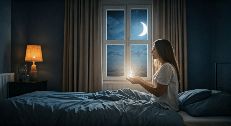 Woman practicing lucid dream induction in moonlit bedroom