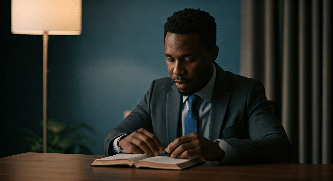 Man meditating with Bible in nature during early morning