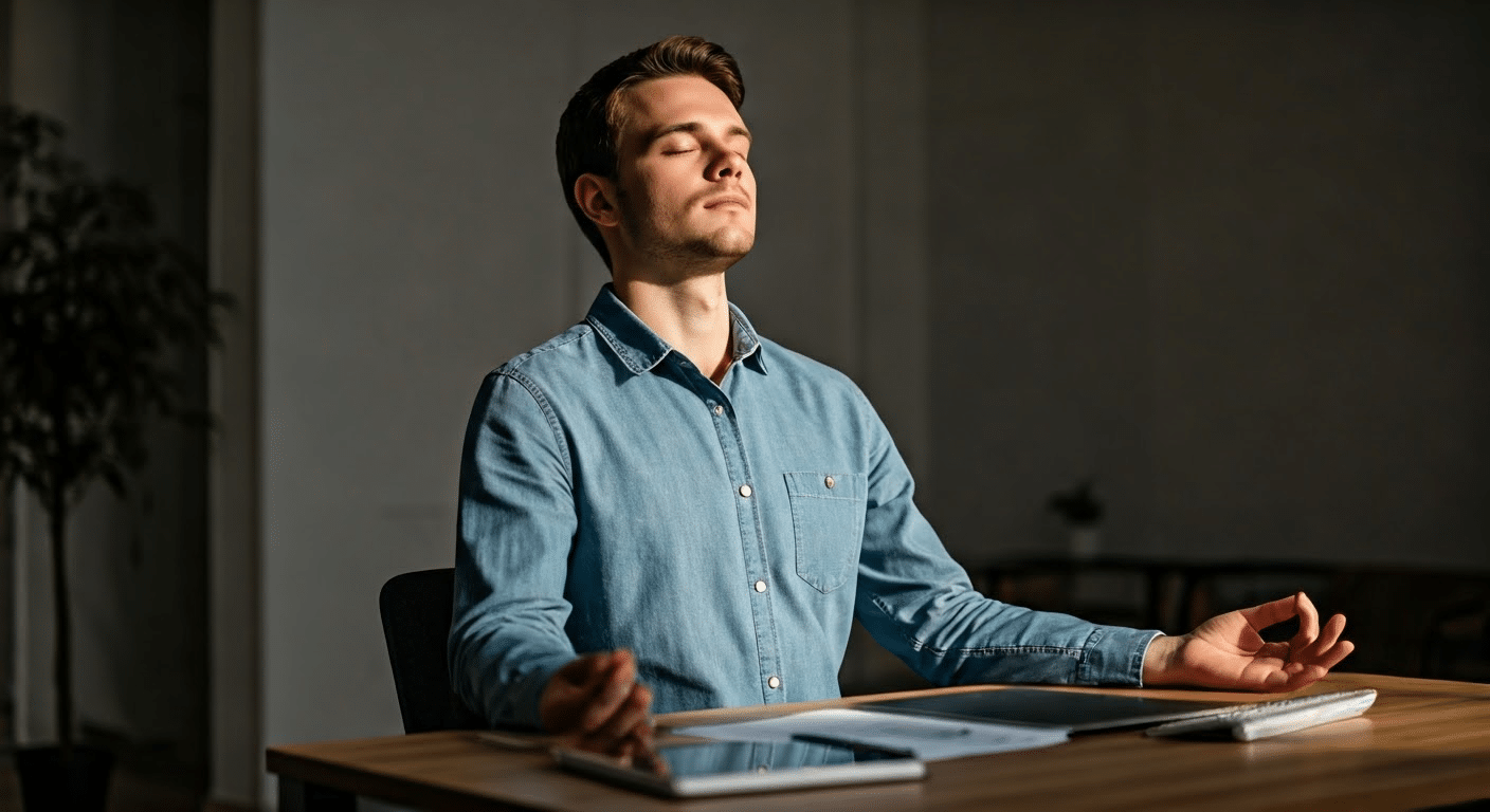 Meditation At Work - Employee meditating at work desk with serene expression