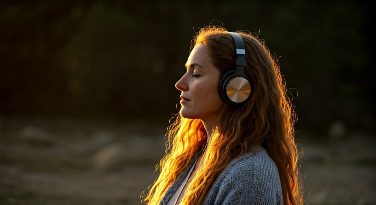 Meditation Frequency - Woman meditating with headphones, immersed in healing frequencies