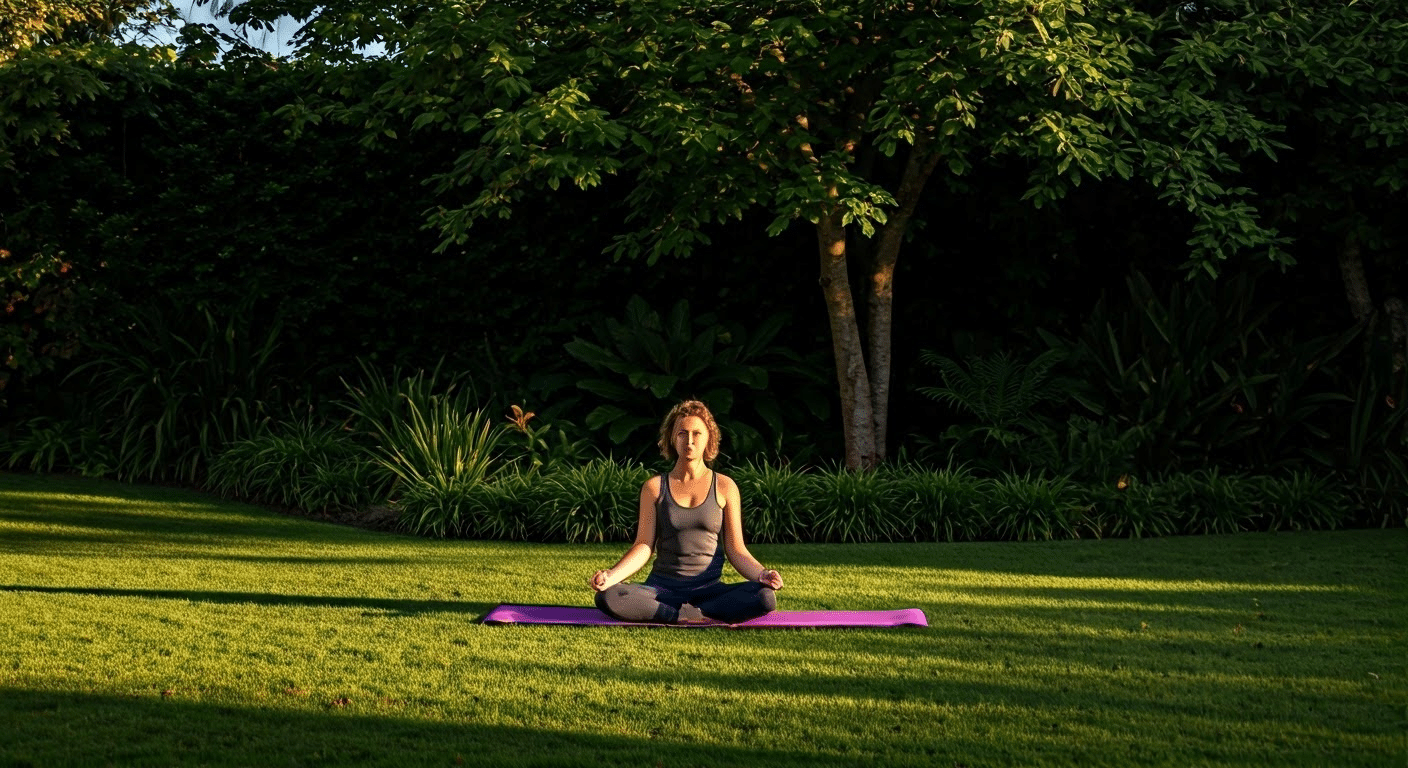 Mindfulness Meditation For Beginners - Beginner practicing mindfulness meditation with instructor, in peaceful garden at sunset