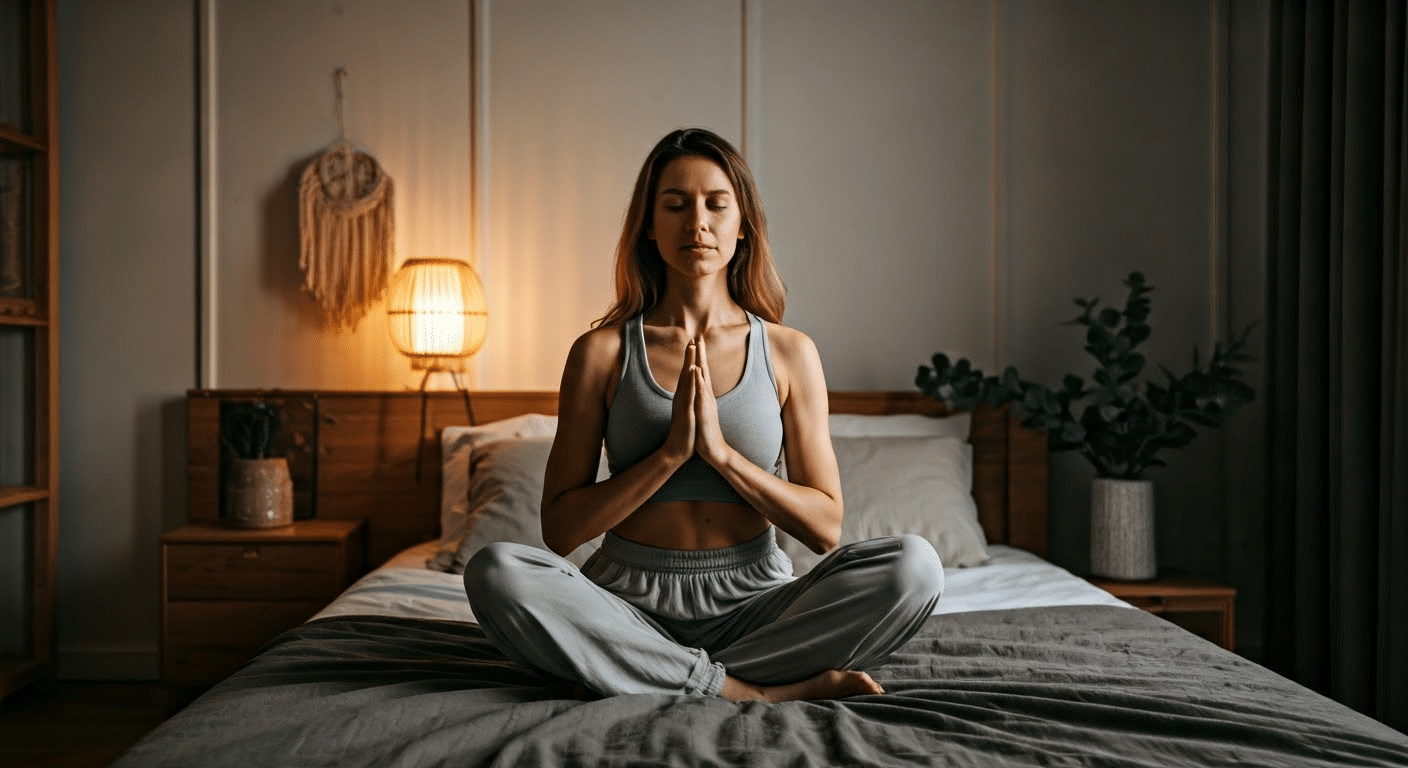 Mindfulness Meditation For Sleep - A woman practicing mindfulness meditation in a softly lit bedroom, creating a serene atmosphere.
