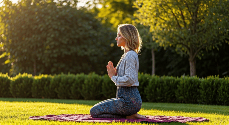 A woman practicing quantum jumping meditation in a serene garden during golden hour