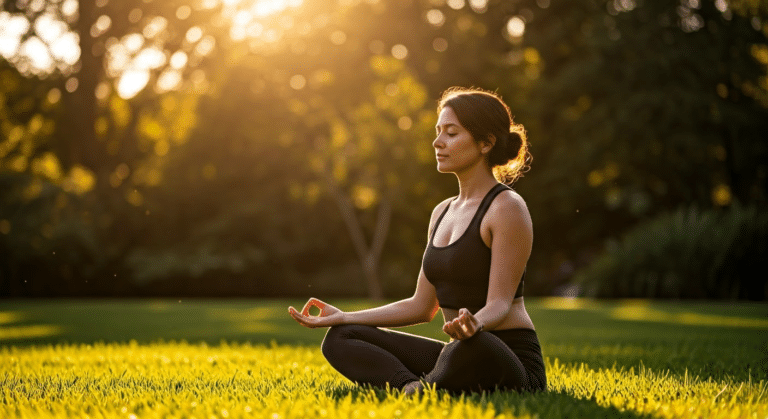 Types Of Meditation - A woman practicing mindfulness meditation in a garden during golden hour