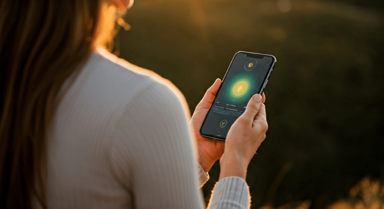 What Is Guided Meditation - A woman engaging with a guided meditation app outdoors during golden hour