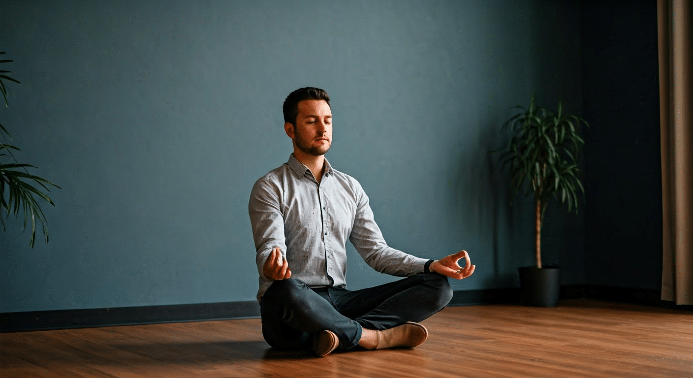 Young woman learning mindfulness meditation with a smartphone app in a cozy living room